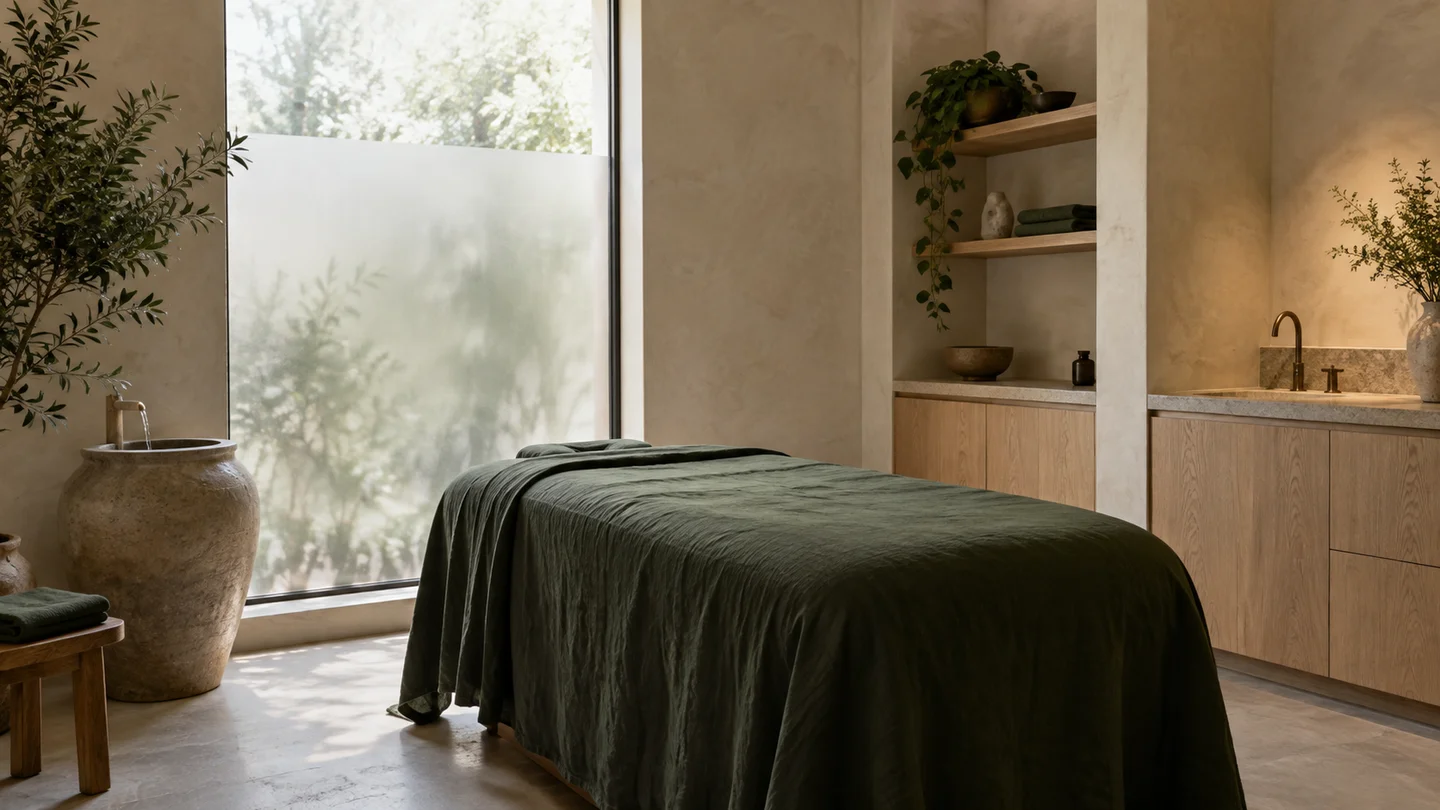 Illustrative quiet treatment room with green linen, pale wood and natural light
